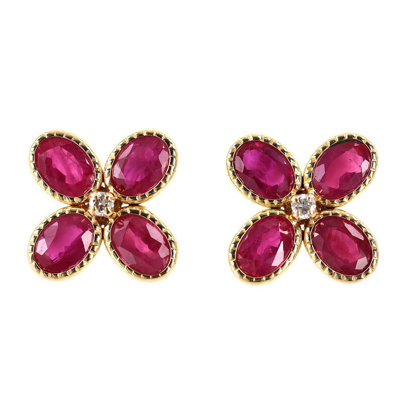 Rakuten - ピアス 18金 フラワーモチーフ K18YG ルビー 0.75ct 0.72ct ダイヤ 各0.01ct 0.7g デザインピアス スタッドピアス ジュエリー アクトワン【中古】