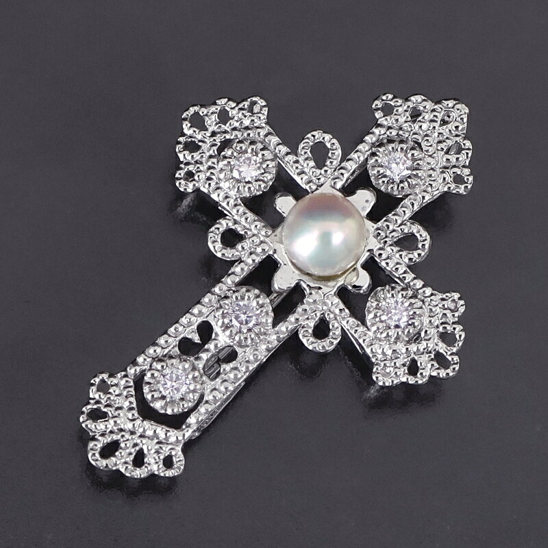 2WAYペンダント ブローチ プラチナ900 クロス 十字架 パール 4.0mm ダイヤ 0.08ct Pt900 ジュエリー ペンダントトップ アクトワン【中古】