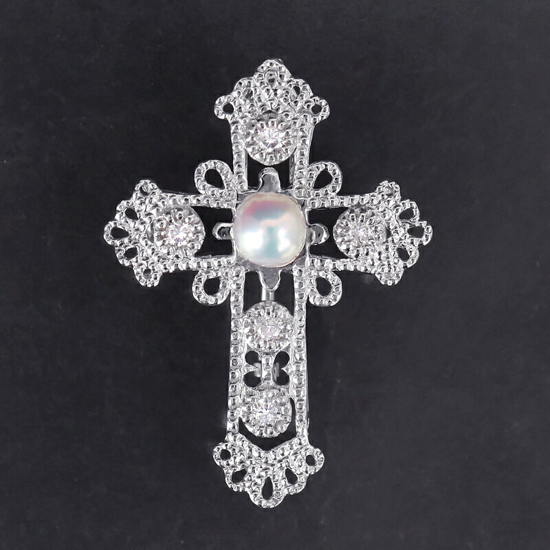 ACT ONE 楽天市場店の2WAYペンダント ブローチ プラチナ900 クロス 十字架 パール 4.0mm ダイヤ 0.08ct Pt900 ジュエリー ペンダントトップ アクトワン【中古】｜アングル3