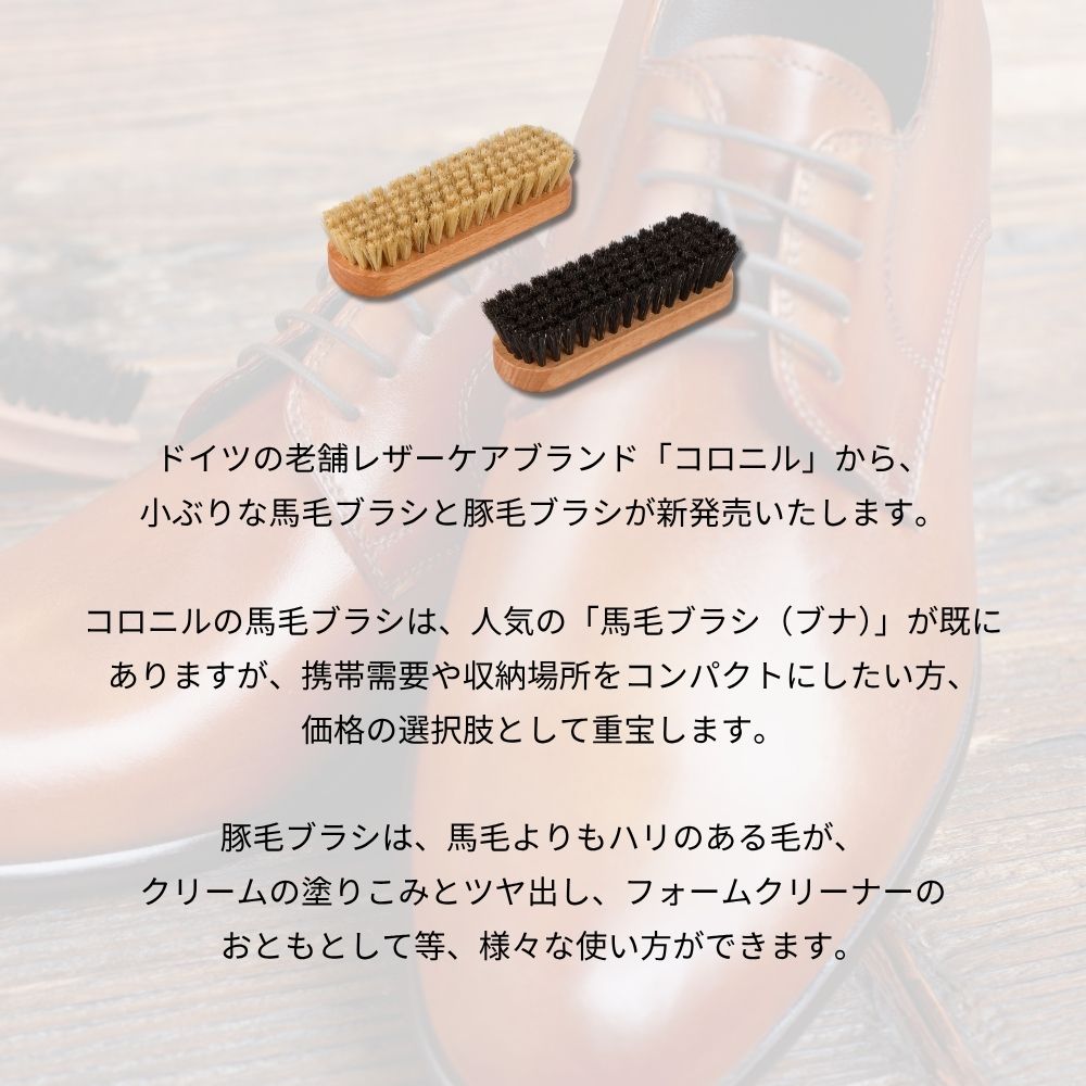 外反母趾と中敷の足と靴の救急箱のコロニル 馬毛ブラシ 豚毛ブラシ ミニサイズ ドイツ製 靴ブラシ レザーケア シューケア 天然木 天然毛 ホコリ落とし ツヤ出し クリーム塗布 革靴 スニーカー バッグ メンテナンス Collonil 正規品｜アングル2