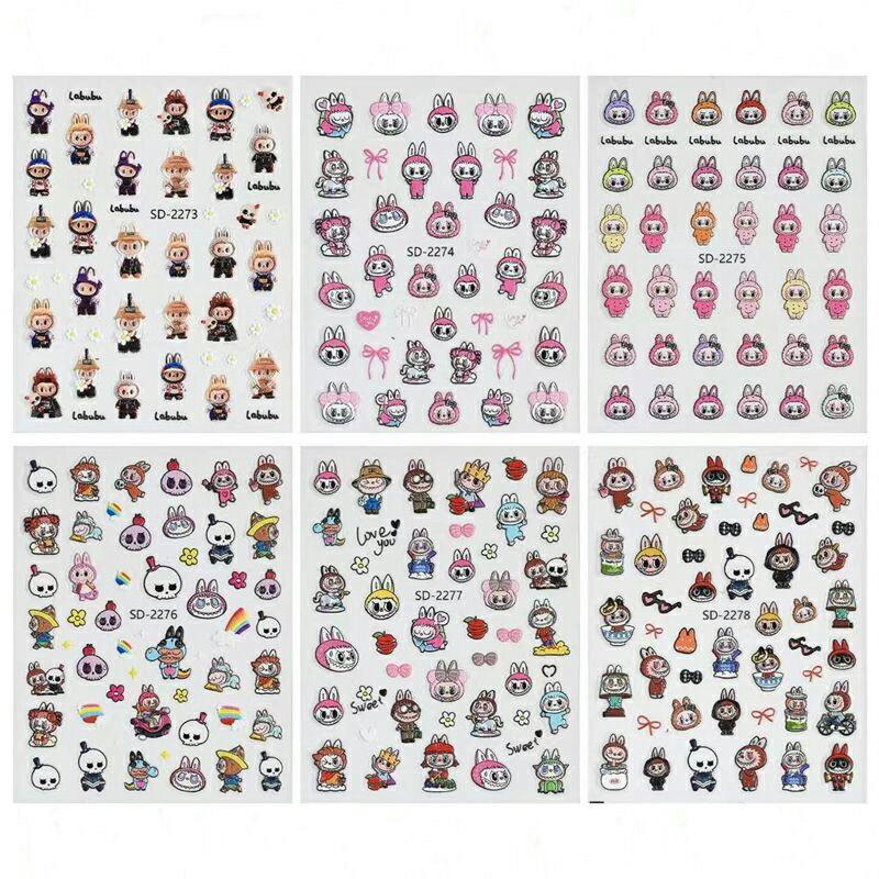 ラブブ ネイルパーツ 3D 立体 ネイルアート 装飾 ネイル用品 シール ジェル DIY アクセサリー 6枚セット 可愛い ギフト グッズ labubu