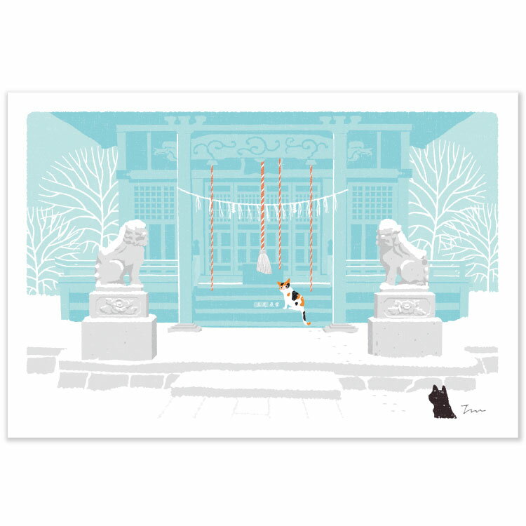 冬・たびねこ　ポストカード【雪のお参り】PW-605f