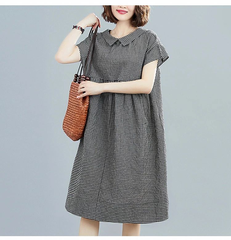 ロングワンピース チェック柄 春 ワンピース レディース 大きいサイズ ノースリーブ ラウンドネック タック ポケット 綿麻 コットン 大きいサイズ 体型カバー ゆったり 送料無料