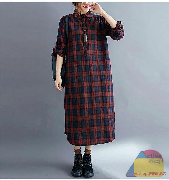 シャツワンピース チェック シャツワンピース ロング ワンピース 秋冬 ワンピース 長袖 マキシ丈 シャツワンピース 大きいサイズ ゆったり 着痩せ 春 秋 冬 シンプル ロングシャツ マキシワンピース 体型カバー 綿 送料無料 3