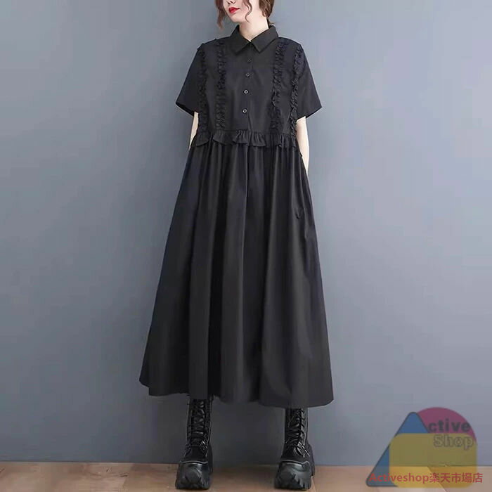 シャツワンピース 半袖 ロング 春 夏 ロングワンピース 半袖 ワンピース 襟フリル ミモレ丈 ワンピース ロングワンピ 夏 Aライン シャツワンピース 大きいサイズ ゆったり 体型カバー 着痩せ 大人可愛い ふんわり キレイめ カジュアル シンプル 30代 40代 50代