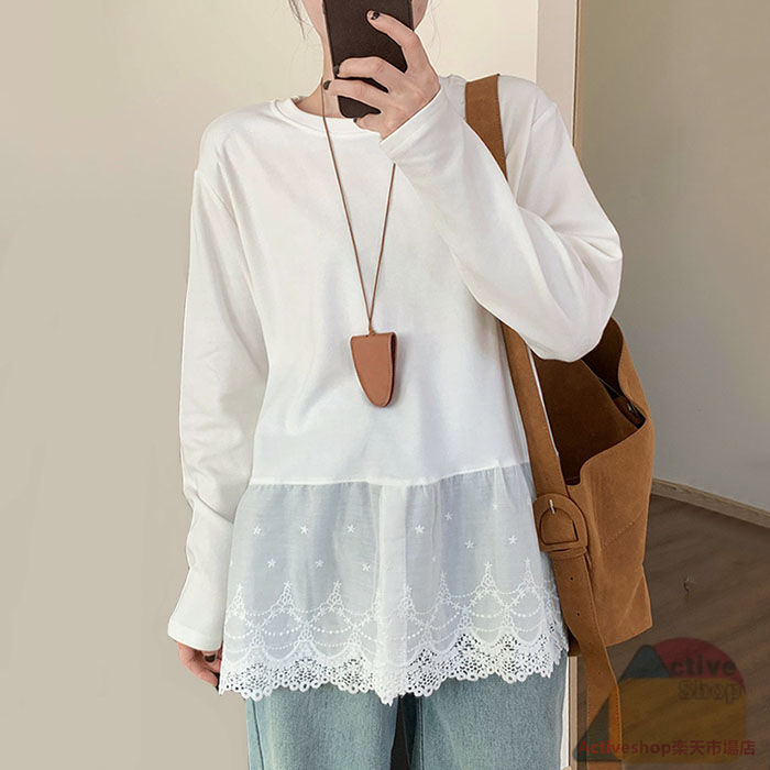 チュニック 長袖 プルオーバー 切替トップス 長袖 ゆったり カットソー フレア ロングT チュニックワンピース ミニワンピース レイヤード 体型カバー おしゃれ 大人可愛い 体型カバー 楽ちん レース ホワイト 白 送料無料