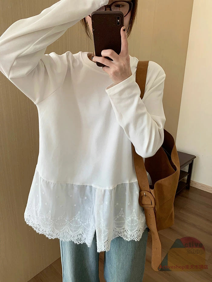 チュニック 長袖 プルオーバー 切替トップス 長袖 ゆったり カットソー フレア ロングT チュニックワンピース ミニワンピース レイヤード 体型カバー おしゃれ 大人可愛い 体型カバー 楽ちん レース ホワイト 白 送料無料