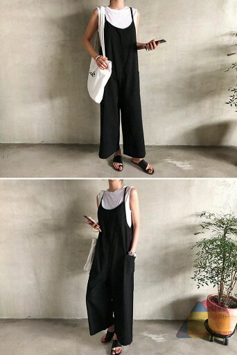 サロペット パンツ ワイドパンツ きれいめ スカーチョ ガウチョパンツ レディース オールインワン ワイド パンツ オーバーオール サスペンダー 無地 春夏秋冬 ロング シンプル 体形カバー ゆったり ポケット付き