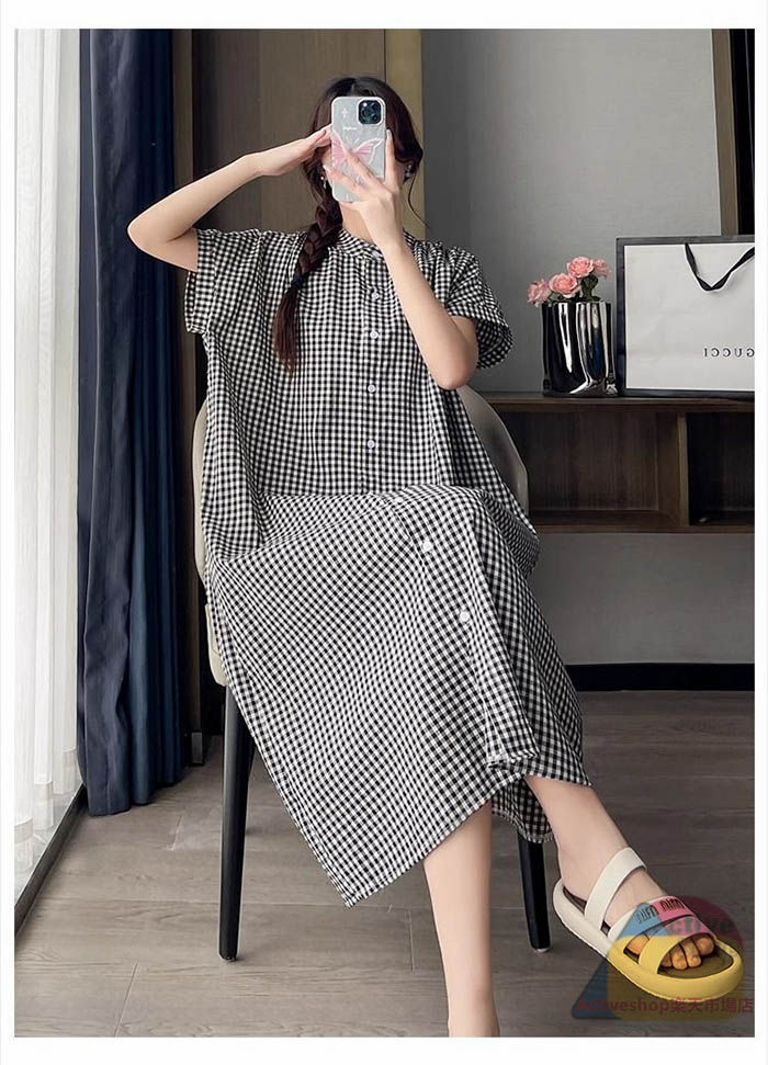 シャツワンピース レディース ギンガムチェック フレンチスリーブ ワンピース 半袖 シャツワンピ チェック柄 バンドカラー ロングワンピース ブロックチェック 前開き ミモレ丈 ゆったり ロング ワンピ キレイめ カジュアル 大人可愛い 体型カバー 夏 送料無料