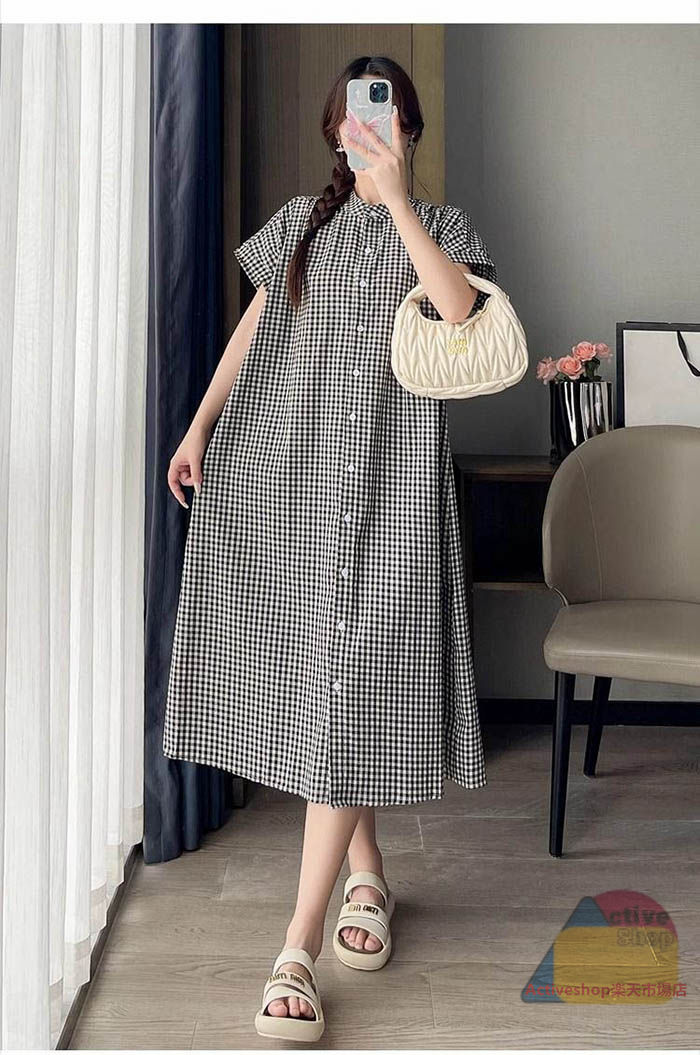 シャツワンピース レディース ギンガムチェック フレンチスリーブ ワンピース 半袖 シャツワンピ チェック柄 バンドカラー ロングワンピース ブロックチェック 前開き ミモレ丈 ゆったり ロング ワンピ キレイめ カジュアル 大人可愛い 体型カバー 夏 送料無料