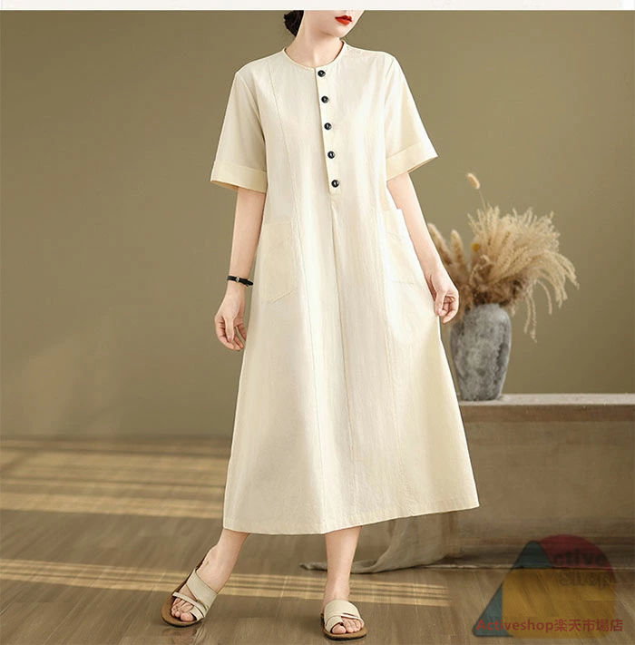 シャツワンピース レディース ワンピース コットン リネン 半袖 クルーネック シャツワンピ ロング 綿麻風ワンピース ミモレ丈 無地 Aライン シンプル ゆったり 大きいサイズ 着痩せ カジュアル 大人可愛い ナチュラル 送料無料