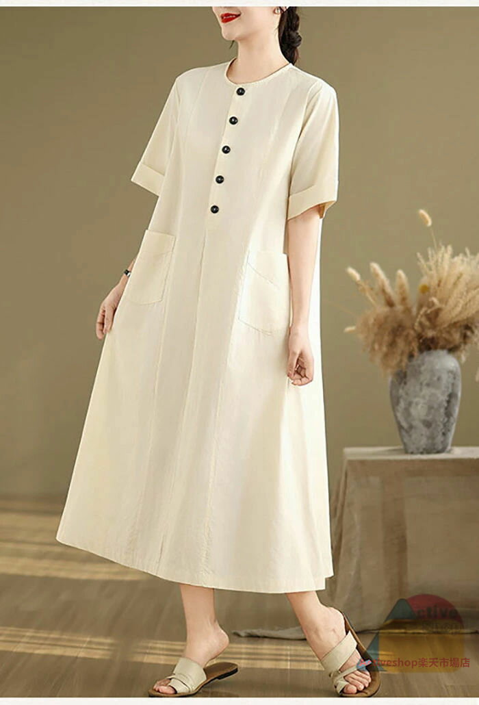 シャツワンピース レディース ワンピース コットン リネン 半袖 クルーネック シャツワンピ ロング 綿麻風ワンピース ミモレ丈 無地 Aライン シンプル ゆったり 大きいサイズ 着痩せ カジュアル 大人可愛い ナチュラル 送料無料