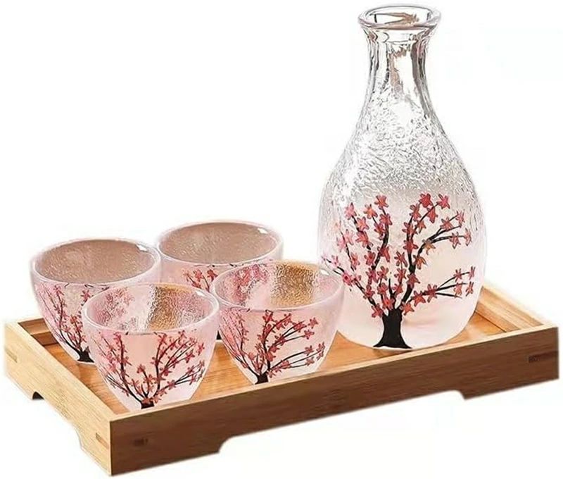耐熱ガラス 酒器 冷酒 ガラス徳利セット 手描きの桜模様付き グラスセット 冷酒器 燗瓶盃 酒盃 ガラス 徳利 日本酒用 温酒 熱燗 燗瓶 耐熱 滑り止め 冷酒 温酒用 居酒屋 バー 還暦祝い 退職祝い 結婚祝い 誕生日の贈り物 6点セット