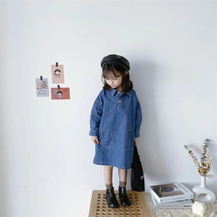 子供服 女の子 デニムワンピース ワンピース 長袖 カジュアルワンピース 90 100 110 120 130 140cm ベビー キッズ ファッション 春 秋 冬 ポケット付き サイドスリット 襟付き ブルー かわいい シャツワンピース
