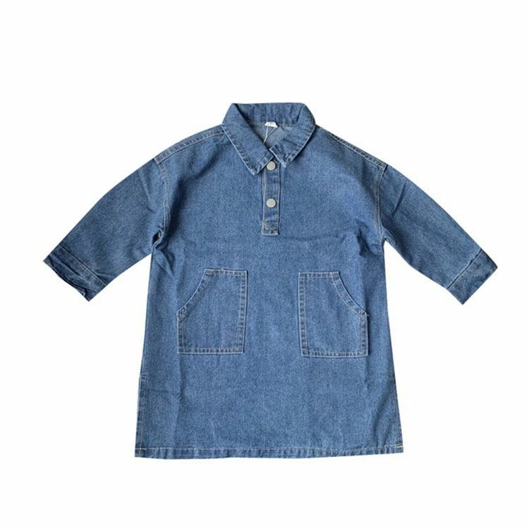 子供服 女の子 デニムワンピース ワンピース 長袖 カジュアルワンピース 90 100 110 120 130 140cm ベビー キッズ ファッション 春 秋 冬 ポケット付き サイドスリット 襟付き ブルー かわいい シャツワンピース