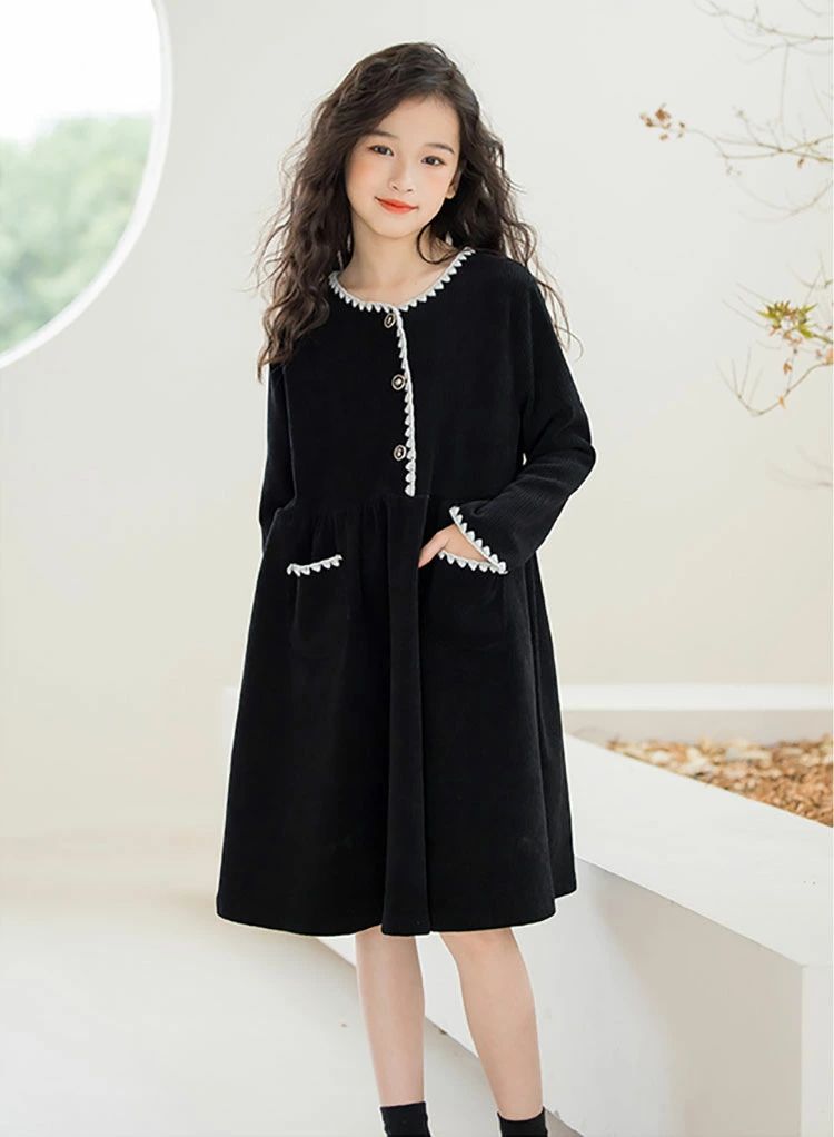 女の子 長袖 ワンピース キッズ 春秋 冬 ブラック 子供服 フォーマルワンピース 小学生 中学生 高校生 かわいい 誕生日 プレゼント 結婚式 発表会 卒業式 入学式 法事葬式 お受験面接 ジュニア 120 130 140 150 160 170cm