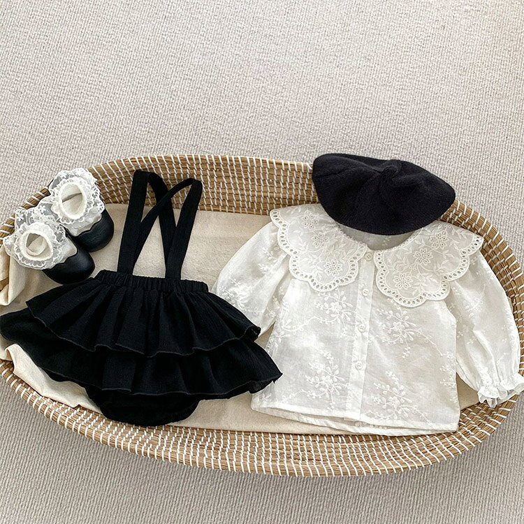 ベビー服 春秋 セットアップ 女の子 長袖 ブラウス 韓国子供服 黒白 ベビーフレアスカート 上下セット フォーマル 普段着 かわいい 幼児 誕生日 保育園 結婚式 誕生日 出産祝い お宮参り プレゼント サロペット ロンパース 2