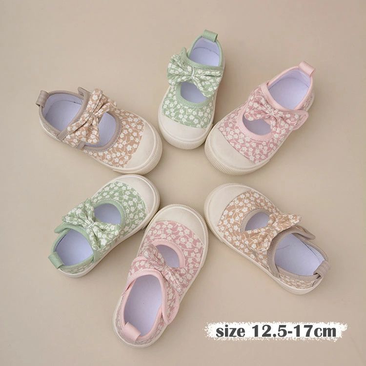 Slippers - 子供靴 女の子上履き うわばき キャンバスシューズ マジックテープ ベビー 上靴 おしゃれ キッズ靴 女児 こども 幼稚園 保育園 小学校 12.5 13 14 15 16 17cm ピンク ベージュ グリーン かわいい 花柄 リボン付き
