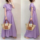 「Fashion THE SALE」50%OFF マキシワンピース きれいめ ワンピース 夏 レディース 40代 春 黒 ウエストマーク 秋 ブラック 痩せ 半袖 aライン コーデ 大きいサイズ 大きい 体型カバー ゆったり パープル 高身長 低身長 およばれ 2次会 ハイウエスト