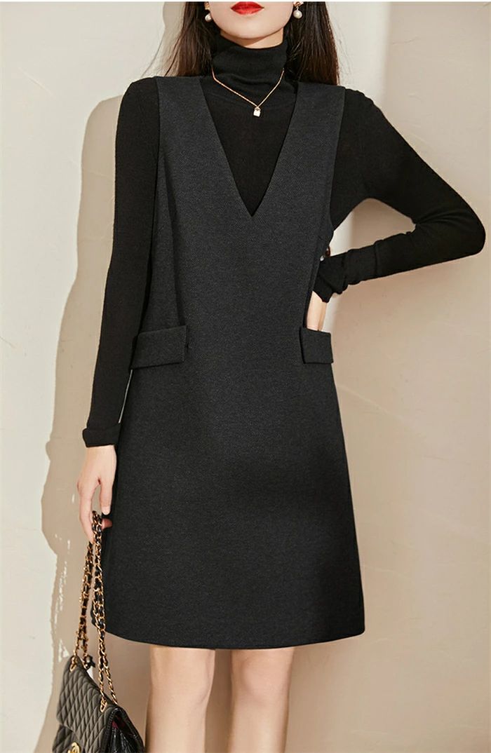 ジャンパースカート 秋 冬 ワンピース きれいめ Vネック ノースリーブ 無地 レディース オールインワン 膝丈 大人 大きいサイズ ジャンスカ フォーマル ポケット付き 通勤 オフィス タンクワンピース 重ね着 おしゃれ レイヤード 春 秋 冬 50代 30代 40代 送料無料