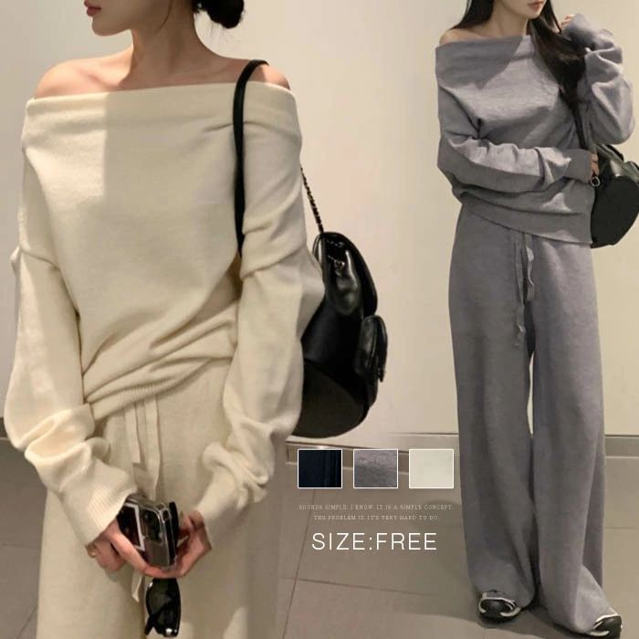 ニットセットアップ レディース 秋冬 パンツスーツ 2点セット ニット セーター 長袖 オフショルダー きれいめ 上下セット パンツ ニットパンツ ワイドパンツ パンツ カットソー ゆったり 体型カバー 着痩せ おしゃれ 可愛い カジュアル シンプル 通勤OL 通学