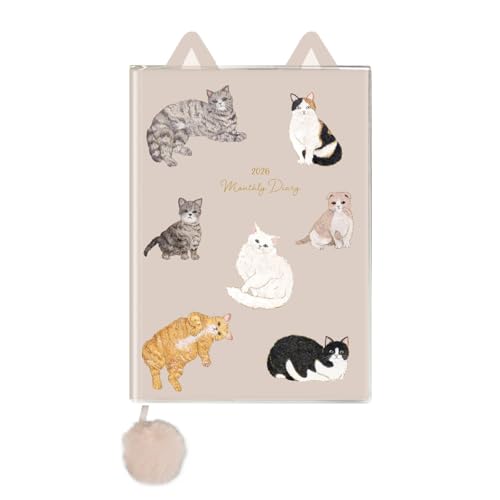 2026年手帳 A6 マンスリーダイアリー/ダイカットネコ/グレーベージュ 送料無料