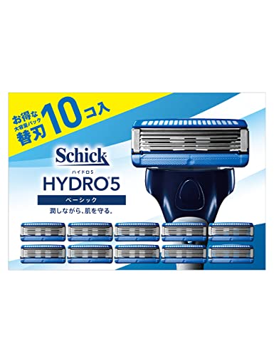 ハイドロ5ベーシックブルー/10個 (x 1)/HDI5-10/AM・PatternName:替刃(10コ入)Style:ハイドロ5ベーシック・極めた剃り味を実現する革新技術・お得な替刃10個入りセット・原産国：刃：アメリカ、シェービング剤：中国・内容量：替刃10コ商品紹介 ●お得な替刃10個入りセット●剃りながら潤す、肌にやさしい剃り心地 ●モイスチャージェルボックス(アロエ+ビタミンE配合)搭載でシェービングしながら驚くほど肌をうるおす ●スキンガード付き5枚刃が肌の動きをコントロールして摩擦を軽減 ●フリップ式トリマー仕様で、剃りにくいもみあげのキワも、ワンタッチで簡単に剃れる 原材料・成分 PEG−115M、ステアリン酸亜鉛、シクロデキストリン、（メタクリル酸ラウリル／ジメタクリル酸グリコール）クロスポリマー、カカオ脂、アロエベラ液汁、シア脂、ヒアルロン酸Na、トコフェロール、マルトデキストリン、水 使用方法 ●刃の交換時にケガをしないようご注意ください。 （1）使用済み刃をケースの空いている箇所に納め、ヘッドのボタンを前方へ押し出してはずします。（ケースに空きがない場合は、ご注意の上、使用済みの刃を破棄してください。） （2）新しい刃とヘッドの中心を合わせ、カチッという音がするまで押し込みます。 （3）ホルダーをななめ上に押し上げて交換は完了です。 安全警告 ●カミソリは刃物です。お取り扱いにはご注意願います。 ●刃の部分には直接手を触れないでください。また、落としたり、強い衝撃を与えないでください。これらは、刃こぼれの原因となり、肌を傷めるおそれがあります。 ●カミソリを落とした場合は、刃を交換してください。 ●小さなお子様の手の届かないところに保管してください。 ●ふきでもの等がある場合や、お肌の状態が悪い時には、肌荒れを起こす場合がありますので、ご使用をおひかえください。 ●改造・分解をしないでください。けがの原因になります。
