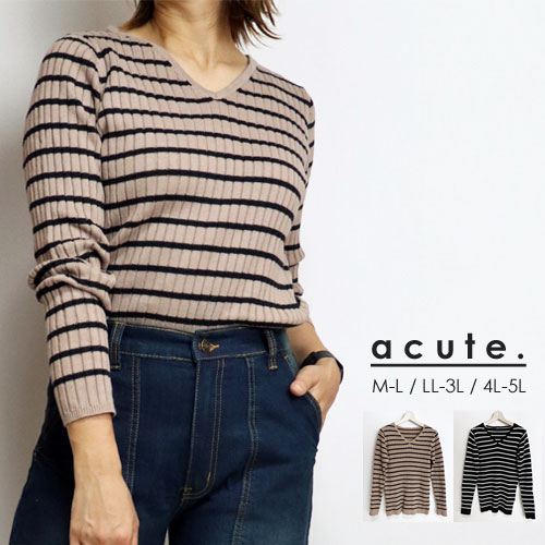M-L LL-3L 4L-5L Vネックボーダーリブニット n-0213 レディース トップス 大きいサイズ 30代 40代 50代 着やせ 体型カバー 大きめ ゆったり 春 秋 冬 リブニット 秋トップス 冬トップス 薄手ニット オフィス ボーダー柄