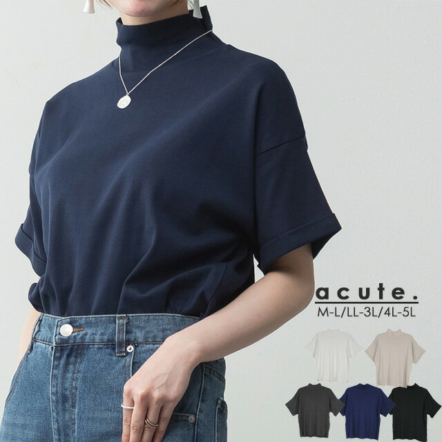 Rakuten - M-L/LL-3L/4L-5L ハイネック半袖カットソー ak-0133 レディース トップス 大きいサイズ 30代 40代 50代 着やせ 体型カバー 大きめ ゆったり 春 夏 秋 半袖トップス 半袖カットソー ハイネック きれいめ オフィス オフィスカジュアル