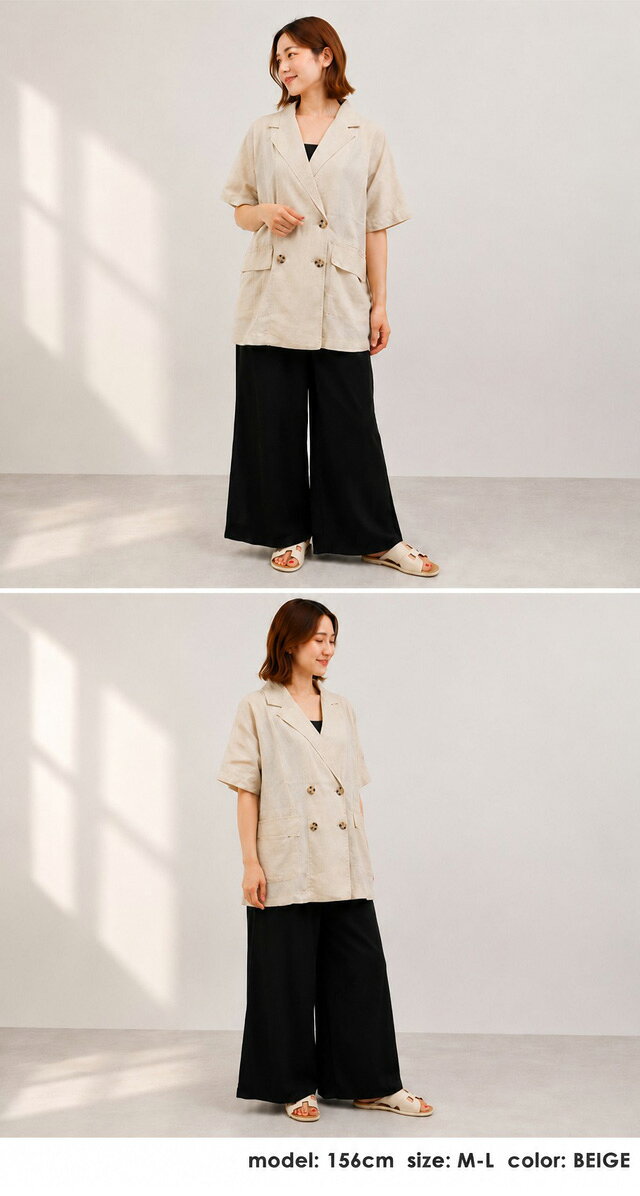 acuteのM-L/LL-3L/4L-5L 麻綿素材シャツジャケット c-0388 レディース ジャケット 半袖ジャケット 夏ジャケット 羽織り 大きいサイズ 30代 40代 50代 着やせ 体型カバー 大きめ ゆったり 春 夏 秋 リネン コットン 薄手アウター｜アングル2
