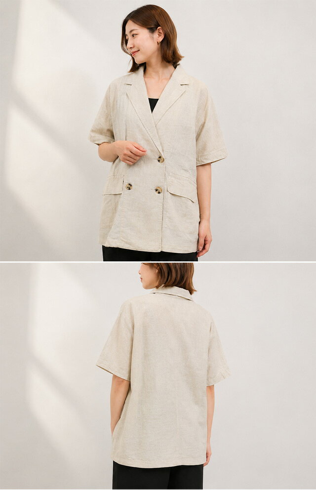 acuteのM-L/LL-3L/4L-5L 麻綿素材シャツジャケット c-0388 レディース ジャケット 半袖ジャケット 夏ジャケット 羽織り 大きいサイズ 30代 40代 50代 着やせ 体型カバー 大きめ ゆったり 春 夏 秋 リネン コットン 薄手アウター｜アングル3