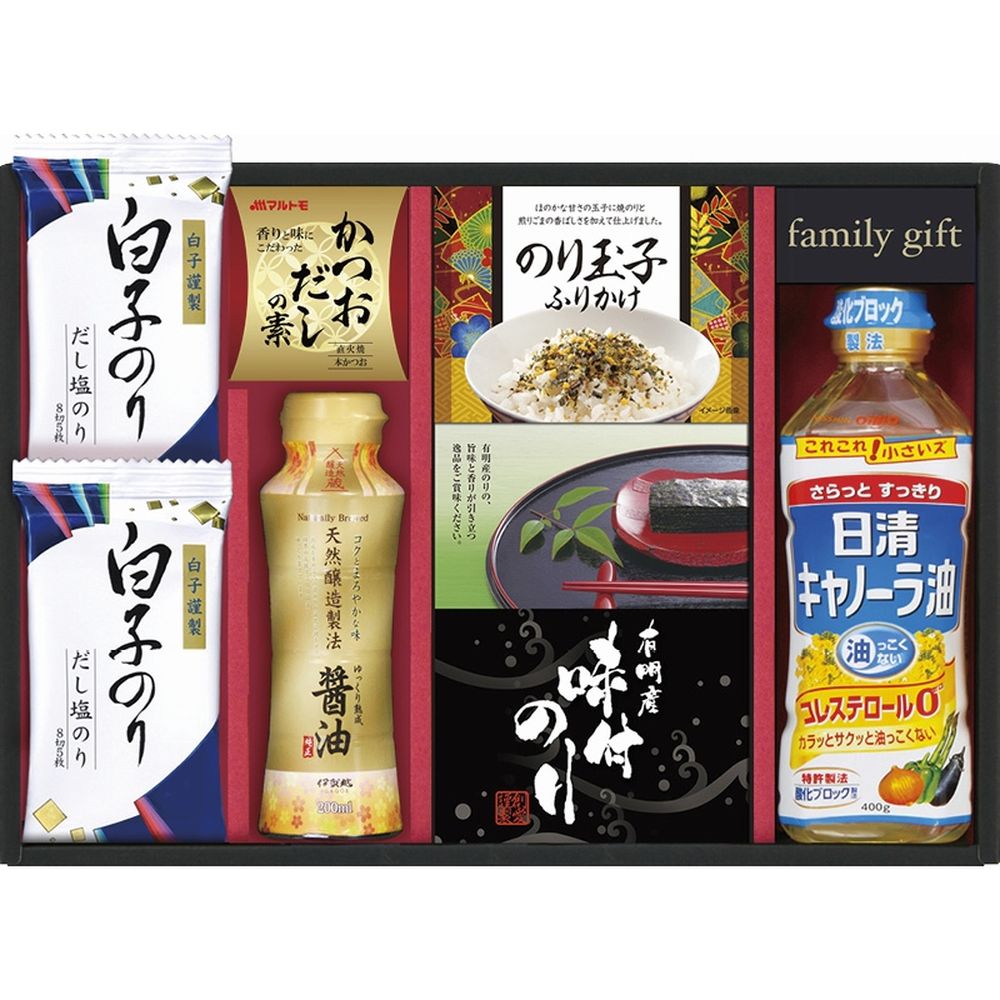 日清オイリオ＆白子のり食卓詰合せ 内容白子だし塩のり 8切5枚 ×2、日清キャノーラ油 400g ・伊賀越天然醸造しょうゆ 200ml ・のり玉子ふりかけ 4.5g×2袋 ・マルトモかつおだしの素 4g×4袋 ・有明海産味付のり 8切8枚×2袋 ×各1賞味期限・アレルゲン常温1年1ヶ月 (表示期限の半分以上) 卵・乳・小麦■さまざまなギフトアイテムをご用意しております。 内祝 内祝い お祝い返し ウェディングギフト ブライダルギフト 引き出物 引出物 結婚引き出物 結婚引出物 結婚内祝い 出産内祝い 命名内祝い 入園内祝い 入学内祝い 卒園内祝い 卒業内祝い 就職内祝い 新築内祝い 引越し内祝い 快気内祝い 開店内祝い 二次会 披露宴 お祝い 御祝 結婚式 結婚祝い 出産祝い 初節句 七五三 入園祝い 入学祝い 卒園祝い 卒業祝い 成人式 就職祝い 昇進祝い 新築祝い 上棟祝い 引っ越し祝い 引越し祝い 開店祝い 退職祝い 快気祝い 全快祝い 初老祝い 還暦祝い 古稀祝い 喜寿祝い 傘寿祝い 米寿祝い 卒寿祝い 白寿祝い 長寿祝い 金婚式 銀婚式 ダイヤモンド婚式 結婚記念日 ギフト ギフトセット セット 詰め合わせ 贈答品 お返し お礼 御礼 ごあいさつ ご挨拶 御挨拶 プレゼント お見舞い お見舞御礼 お餞別 引越し 引越しご挨拶 記念日 誕生日 父の日 母の日 敬老の日 記念品 卒業記念品 定年退職記念品 ゴルフコンペ コンペ景品 景品 賞品 粗品 お香典返し 香典返し 志 満中陰志 弔事 会葬御礼 法要 法要引き出物 法要引出物 法事 法事引き出物 法事引出物 忌明け 四十九日 七七日忌明け志 一周忌 三回忌 回忌法要 偲び草 粗供養 初盆 供物 お供え お中元 御中元 お歳暮 御歳暮 お年賀 御年賀 残暑見舞い 年始挨拶 話題 のし無料 メッセージカード無料 ラッピング無料 手提げ袋無料 大量注文sh-B9106065