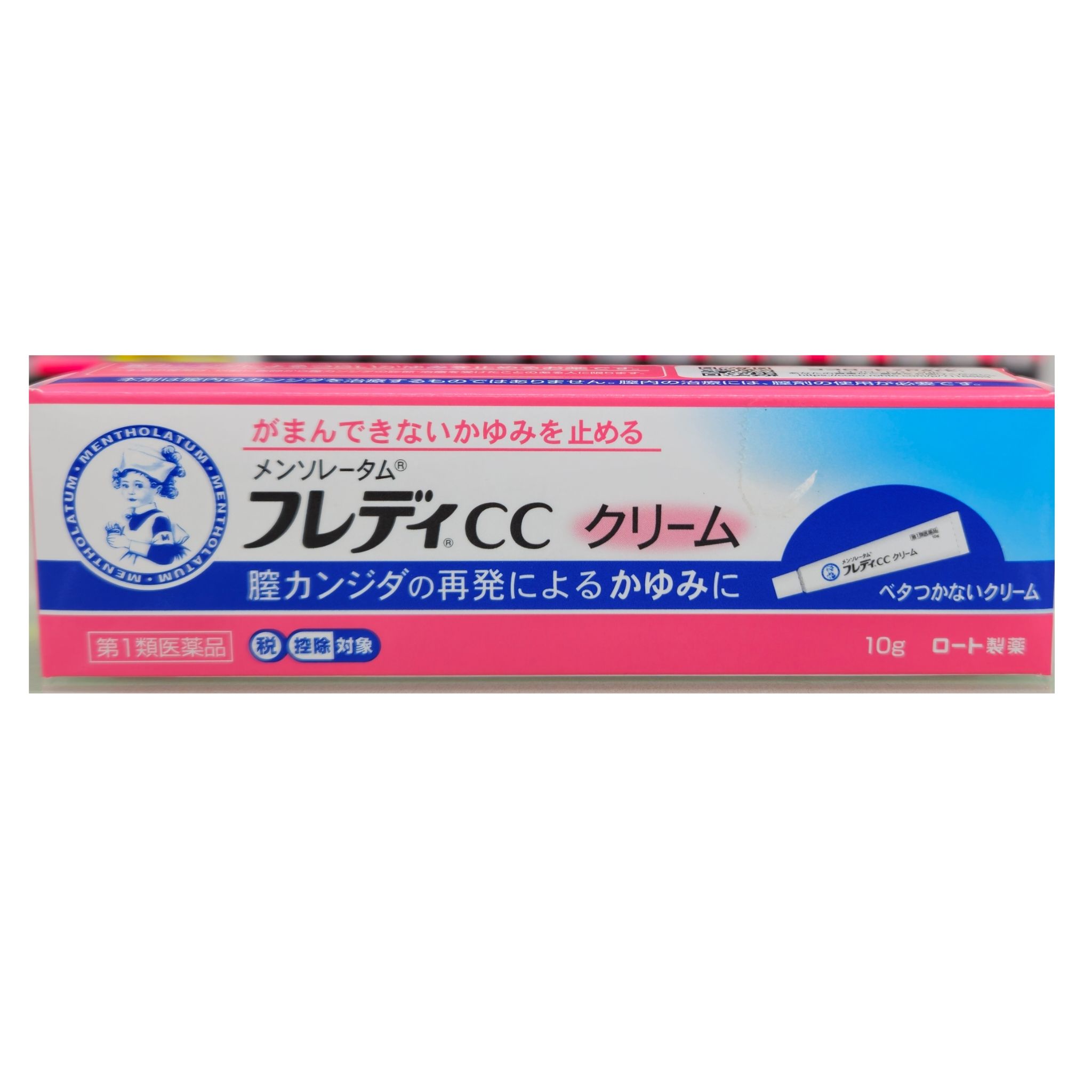 商品情報広告文責株式会社　安達太陽堂薬局0867-72-7666メーカー名、又は販売業者名ロート製薬株式会社日本製か海外製(アメリカ製等)か日本製商品区分第1類医薬品商品説明文「メンソレータム フレディCC クリーム 10g」は、の使用は，以前に医師から膣カンジダの診断・治療を受けたことのある人に限ります。本剤は膣内のカンジダを治療するものではありません。膣内の治療には，膣剤の使用が必要です。■膣カンジダとは？膣カンジダとは，カンジダという真菌（カビの仲間）によって起こる膣炎です。女性性器の感染症の中では，よくみられる疾患ですが，適切な治療を行うことが大切です。■膣カンジダの特徴的な症状膣カンジダにかかると，おりものの量や見た目に変化（おかゆ（カッテージチーズ）状や白く濁った酒かす状）がおこり，外陰部に発疹（発赤，はれた感じ等）を伴うかゆみが生じます。使用上の注意■してはいけないこと（守らないと現在の症状が悪化したり，副作用が起こりやすくなる）1．次の人は使用しないでください。　（1）以前に医師から，膣カンジダの診断・治療を受けたことがない人。　（2）膣カンジダの再発を繰り返している人。（2ヶ月以内に1回又は6ヶ月以内に2回以上）　（3）膣カンジダの再発かどうかよくわからない人。　（4）次の診断を受けた人。　　糖尿病　（5）発熱又は悪寒がある人。　（6）悪心又は嘔吐がある人。　（7）下腹部に痛みがある人。　（8）不規則な，又は異常な出血，血の混じったおりものがある人。　（9）膣又は外陰部に潰瘍，水膨れ又は痛みがある人。　（10）排尿痛がある人，又は排尿困難な人。　（11）ただれのひどい人。　（12）本剤によるアレルギー症状を起こしたことがある人。　（13）妊婦又は妊娠していると思われる人。　（14）60歳以上の高齢者又は15歳末満の小児。2．次の部位には使用しないでください。　（1）外陰部以外の部位（爪，頭皮，目など）■相談すること1．次の人は使用前に医師又は薬剤師にご相談ください。　（1）医師の治療を受けている人。　（2）授乳中の人。　（3）本人又は家族がアレルギー体質の人。　（4）薬によりアレルギー症状を起こしたことがある人。2．次の場合は直ちに使用を中止し，この説明書を持って医師又は薬剤師にご相談ください。（1）使用後，次の症状があらわれた場合［関係部位：症状］皮ふ：刺激感，発赤，かゆみ，かぶれ，疼痛（ずきずきする痛み）（2）3日間使用しても症状の改善がみられないか，6日間使用しても症状が消失しない場合は医師の診療を受けてください。なお，本剤の単独使用で効果がない場合も，自己判断で治療を行わず，医師の診療を受けてください。成分【1個中】イソコナゾール硝酸塩…1％添加物…ポリソルベート60，ステアリン酸ソルビタン，セトステアリルアルコール，流動パラフィン，ワセリン効能・効果膣カンジダの再発による，発疹を伴う外陰部のかゆみ（以前に医師から，膣カンジダの診断・治療を受けたことのある人に限る。）ただし，膣症状（おりもの，熱感等）を伴う場合は，必ず膣剤（膣に挿入する薬）を併用すること用法・用量成人（15歳以上60歳未満），1日2～3回適量を患部に塗布する。ただし，3日間使用しても症状の改善がみられないか，6日間使用しても症状が消失しない場合は医師の診療を受けること。（1）外陰部症状のみの場合：本剤を使用すること。ただし，膣剤（膣に挿入する薬）を併用することが望ましい。（2）膣症状（おりもの，熱感等）を伴う場合：膣剤（膣に挿入する薬）を併用すること。●用法関連注意（1）使用前後は，手指を石けんでよく洗ってください。（2）目に入らないようにご注意ください。万一，目に入った場合は，すぐに水又はぬるま湯で洗い，直ちに眼科医の診療を受けてください。（3）生理中は使用しないでください。使用中に生理になった場合は使用を中止してください。また，治癒等の確認が必要であることから，医師の診療を受けてください。保管及び取り扱い上の注意（1）本剤は，コンドーム等の避妊用ラテックスゴム製品の品質を劣化・破損させる可能性があるため，これらとの接触を避けてください。（2）直射日光の当たらない涼しいところに密栓して保管してください。（3）小児の手の届かないところに保管してください。（4）他の容器に入れ替えないでください。（誤用の原因になったり品質が変わる）（5）使用期限を過ぎた製品は使用しないでください。なお，使用期限内であっても，一度開封した後はなるべく早くご使用ください。お問い合わせ先ロート製薬株式会社　大阪市生野区巽西1-8-1お問合せ　お客様安心サポートデスク　電話：フレディコール　06-6758-1422受付時間：9時～18時(土、日、祝日を除く)使用期限使用期限まで6ヶ月以上あるものをお届けします。容量10g医薬品販売に関する記載事項「医薬品販売に関する記載事項」(必須記載事項)はこちら【早い者勝ち！最大2,000円OFFクーポン配布中】【第1類医薬品】メンソレータム フレディCC クリーム 10g 送料無料【ロート製薬】定形外郵便 イソコナゾール硝酸塩 カンジダ菌 抗菌作用 外陰用クリーム 腟のかゆみ、おりもの（白色）、発赤、熱感、痛みに 腟カンジダ 再発治療薬 がまんできないかゆみを止める 5