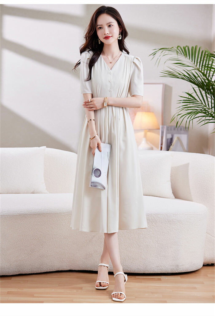 ワンピース 夏 レディース 半袖 Vネック ひざ丈 Aライン きれいめ オフィス 大きいサイズ 夏 秋 ワンピース ロング レディース お洒落 体型カバー 着痩せ シンプル 薄手 上品 旅行 通勤 OL