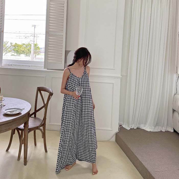 キャミワンピース ジャンスカ ワンピース オールインワン レディース チェック柄 春 夏 ノースリーブ ロング丈 ゆったり 体型カバー 女性 お呼ばれ 可愛い 大きいサイズ おしゃれ ゆったり カジュアル ナチュラル 着痩せ 春物 春 夏 秋 リゾート ママコーデ