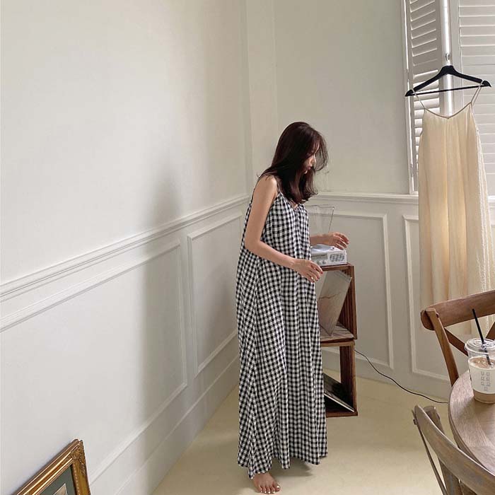 キャミワンピース ジャンスカ ワンピース オールインワン レディース チェック柄 春 夏 ノースリーブ ロング丈 ゆったり 体型カバー 女性 お呼ばれ 可愛い 大きいサイズ おしゃれ ゆったり カジュアル ナチュラル 着痩せ 春物 春 夏 秋 リゾート ママコーデ