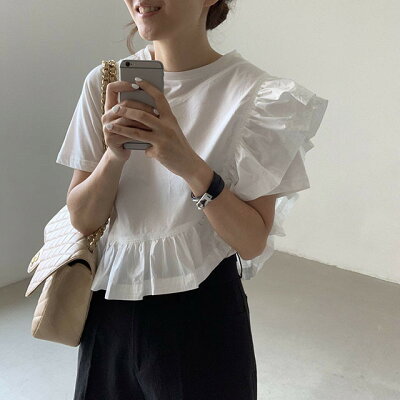「期間限定セール2980円→2380円」 フリル Tシャツ レディース 半袖 フリル袖 Tシャツ 無地 トップス 切り替え カットソー 綿 コットン フレア袖 春 秋 夏 きれいめ ブラウス ゆったり 可愛い お洒落 着回し抜群 カジュアル 体型カバー - Image 3
