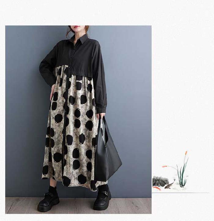 シャツワンピース マキシ丈 レディース 長袖 春 秋 切り替え ワンピース プリント チュニック ロング丈 シャツ ワンピース マキシ丈 ロング丈シャツ ゆるっと シンプル 大きいサイズ 体型カバー ゆったり トレンド 20代 30代 40代