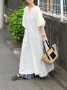 ロングワンピース 半袖 夏 レディース マキシ丈ワンピース シャツワンピース フレア Vネック 無地ワンピース 五分袖 ボリューム袖 ゆったり サイドスリット ...