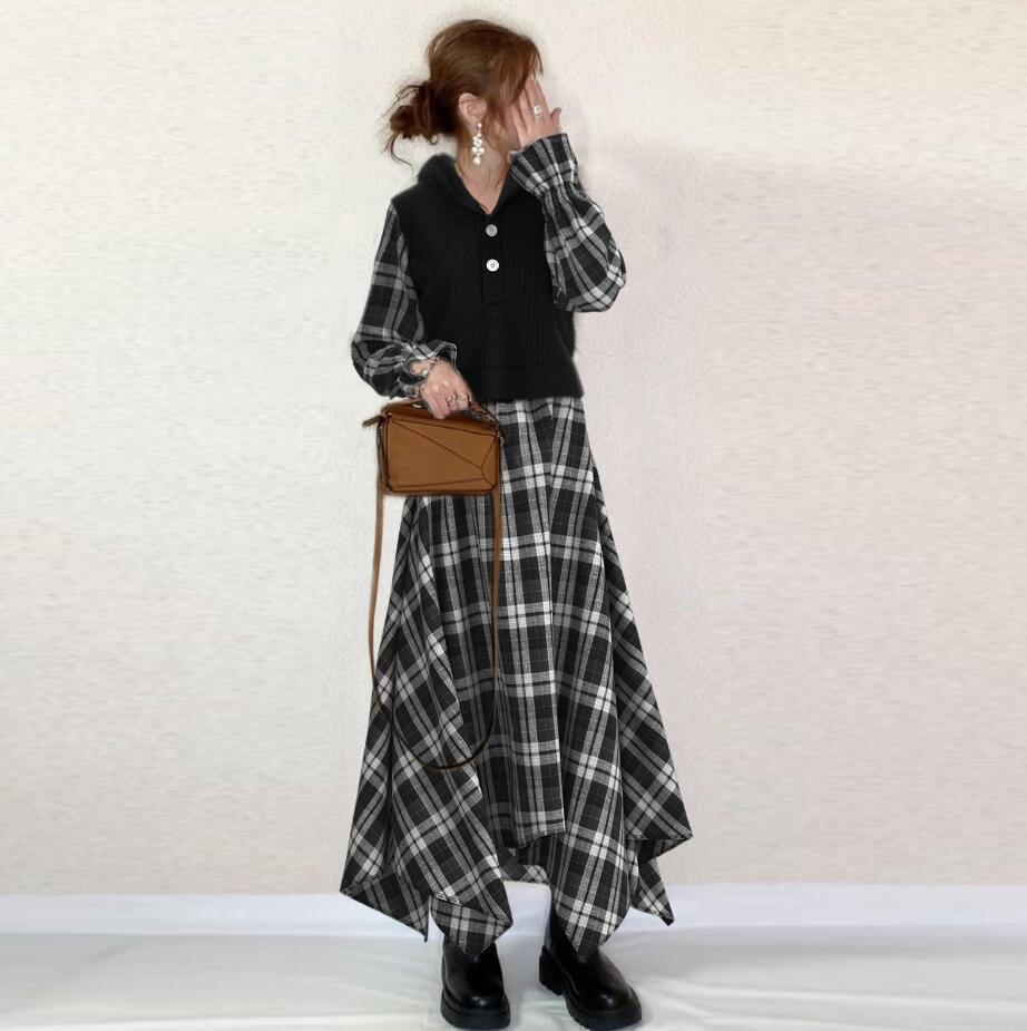 ワンピース レディース 切り替えワンピース ワンピ フード付き 長袖 ロングワンピース 可愛い チェック柄 Vネック 不規則 チェック柄 切替 Aライン ロング丈 マキシ丈 ゆったり 体型カバー レイヤード きれいめ おしゃれ 大人 通勤 30代 40代 50代のサムネイル