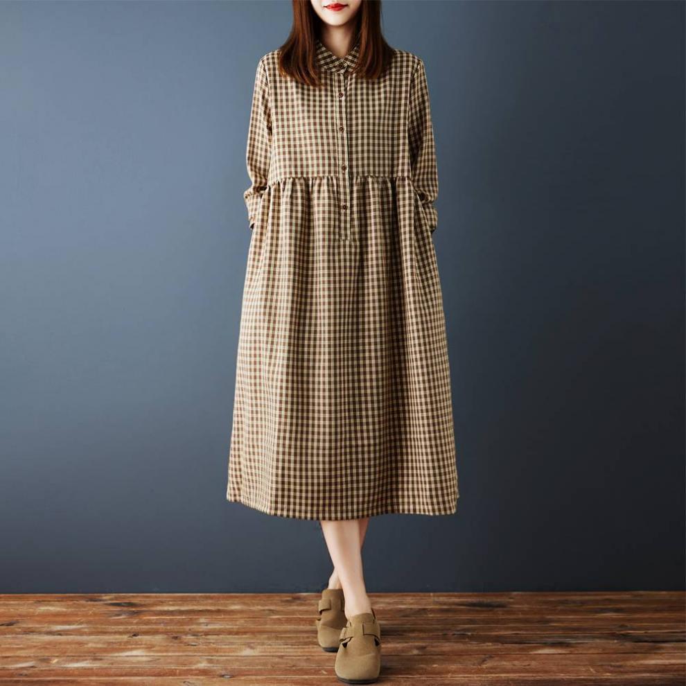 ワンピース チェック レディース 長袖 ロングワンピース ロングワンピ ミモレ丈 ワンピ 大きいサイズ ゆったり ギンガムチェック バンドカラー Aライン 柔らかい 体型カバー 大人 ナチュラル カジュアル ブラウン 送料無料