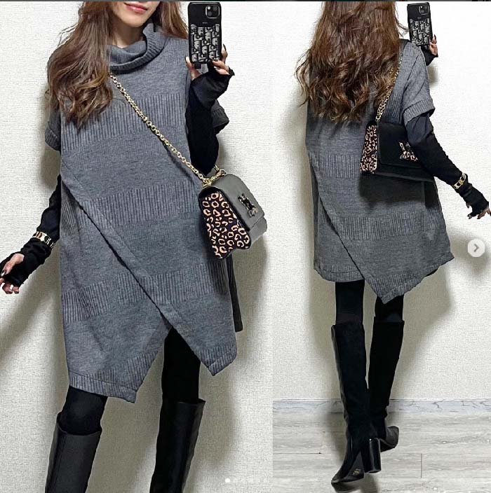 ワンピース 秋 春 ハイネック レディース 半袖 ベスト 無地 重ね着 大きいサイズ チュニック レイヤード風 ゆったり オシャレ シンプル カジュアル 着回し 体型カバー ゆるっと トレンド感