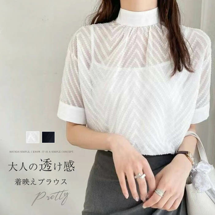 ブラウス レディース 半袖 ハイネック 透け感 シアートップス 春 秋 夏 Tシャツ ゆったり フェミニン きれいめ オシャレ 韓国風 大人 カジュアル 体型カバー 20代 30代 40代のサムネイル