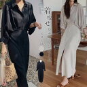 シャツワンピース レディース 長袖 春 秋 ロングワンピース シャツワンピース シャツ ワンピ シャツ ワンピ ロング ロングワンピ 黒 ベージュ 着Į...