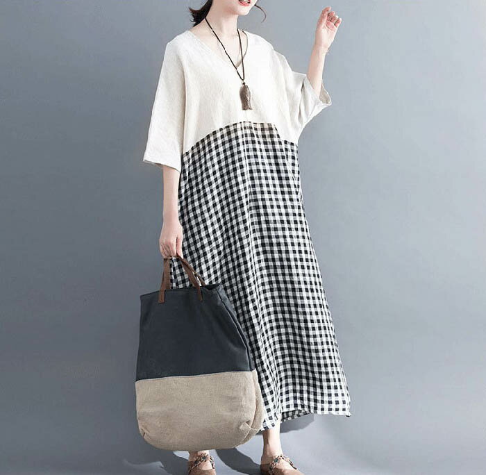 ワンピース 半袖 大きいサイズ 春 夏 リネン ワンピース Aライン 綿麻 ワンピース チェック 配色 レディース 体型カバー 着痩せ シンプル カジュアル ゆったり ビッグシルエット 着回し