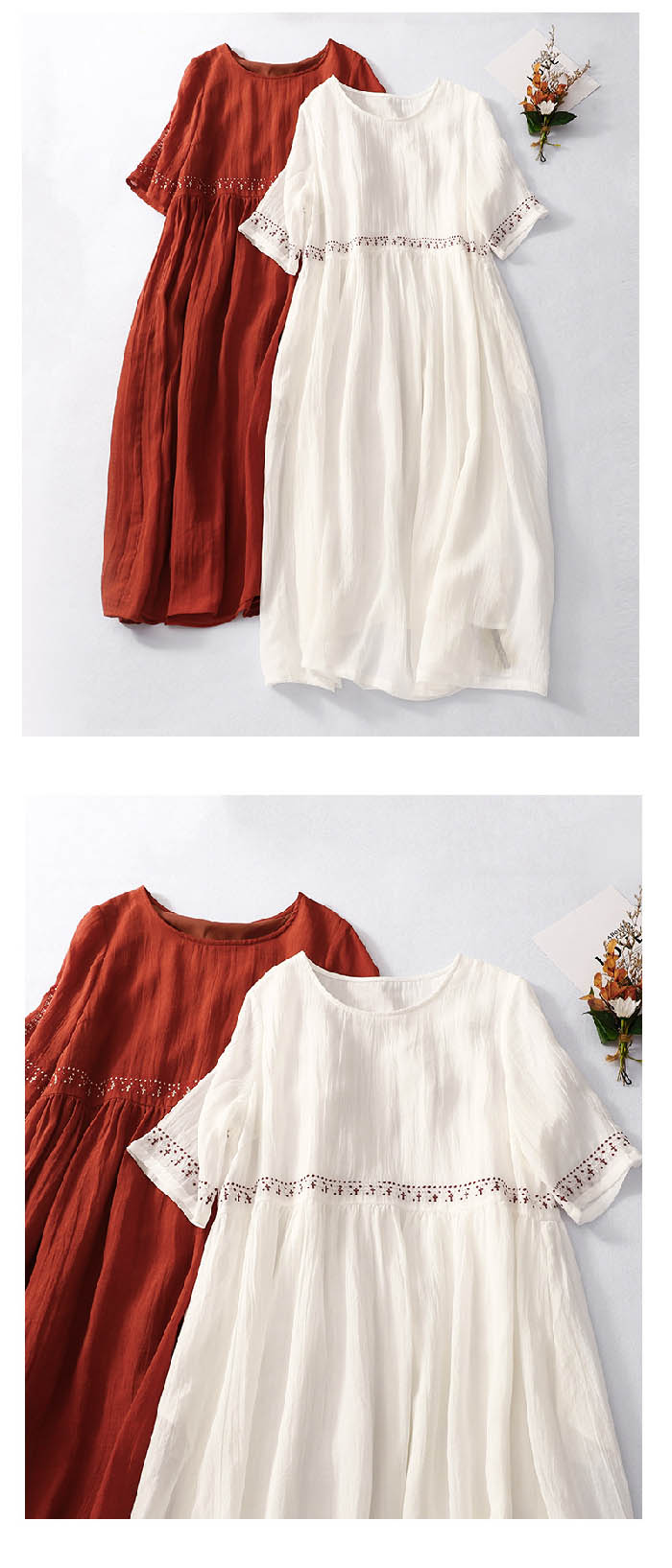 ワンピース 夏 春 秋 リネン 刺繡 ロング丈 ワンピース 半袖 レディース チュニック 綿麻 ロング丈 きれいめ リネン コットン ロングシャツ ゆったり 大きいサイズ ゆるっと ワンピース シンプル カジュアル 着回し 体型カバー ルームウェア