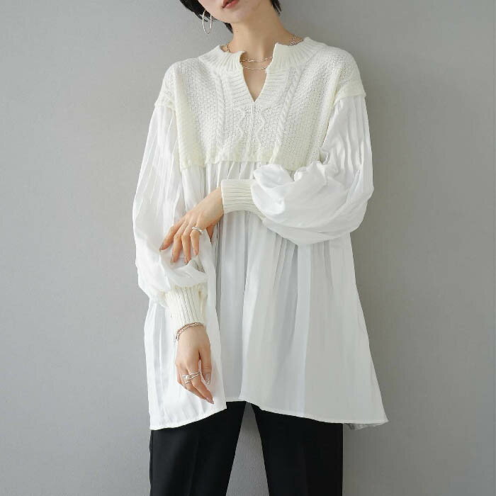 セーター レディース 春 秋 長袖 異素材 ニット 切り替え ハイネック Tシャツ ブラウス プリーツ ケーブル編み 大きいサイズ Aライン プリーツ ニット ゆったり オシャレ シンプル カジュアル 着回し 体型カバー きれいめ 着瘦せ