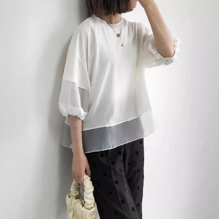 期間限定10％OFFクーポン利用で最安2592円！ ブラウス レディース 半袖 シアー素材切り替え Tシャツ 春 夏 秋 ボリューム袖 プルオーバー トップス フェミニン トップス 着回し シンプル おしゃれ 大人 カジュアル こなれ感 大きいサイズ オフィス フォーマル ビジネスのサムネイル