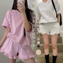 セットアップ Tシャツ パンツ レディース 半袖 Tシャツ フリル ショートパンツ カジュアル 短パン ルームウェア 楽ちん 可愛い ゆったり シンプル トレンド感 ゆるっと スポーツ風 重ね着 レイヤード 2点セット(4)