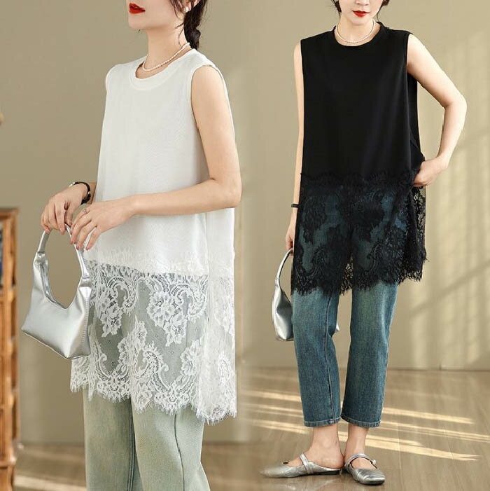 チュニック レディース ノースリーブ レース切り替え 花柄 刺繡 Tシャツ ノースリーブ 春 夏 秋 ドッキング ノースリーブ 重ね着 レイヤード トップス チュニック tシャツ お尻が隠れる おしゃれ インナー 無地 レース 異素材切り替え フェミニン 着回し シンプル